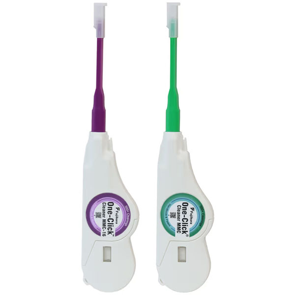 Two handheld fiber optic One-Click Cleaners, one with a purple nozzle and one with a green nozzle.